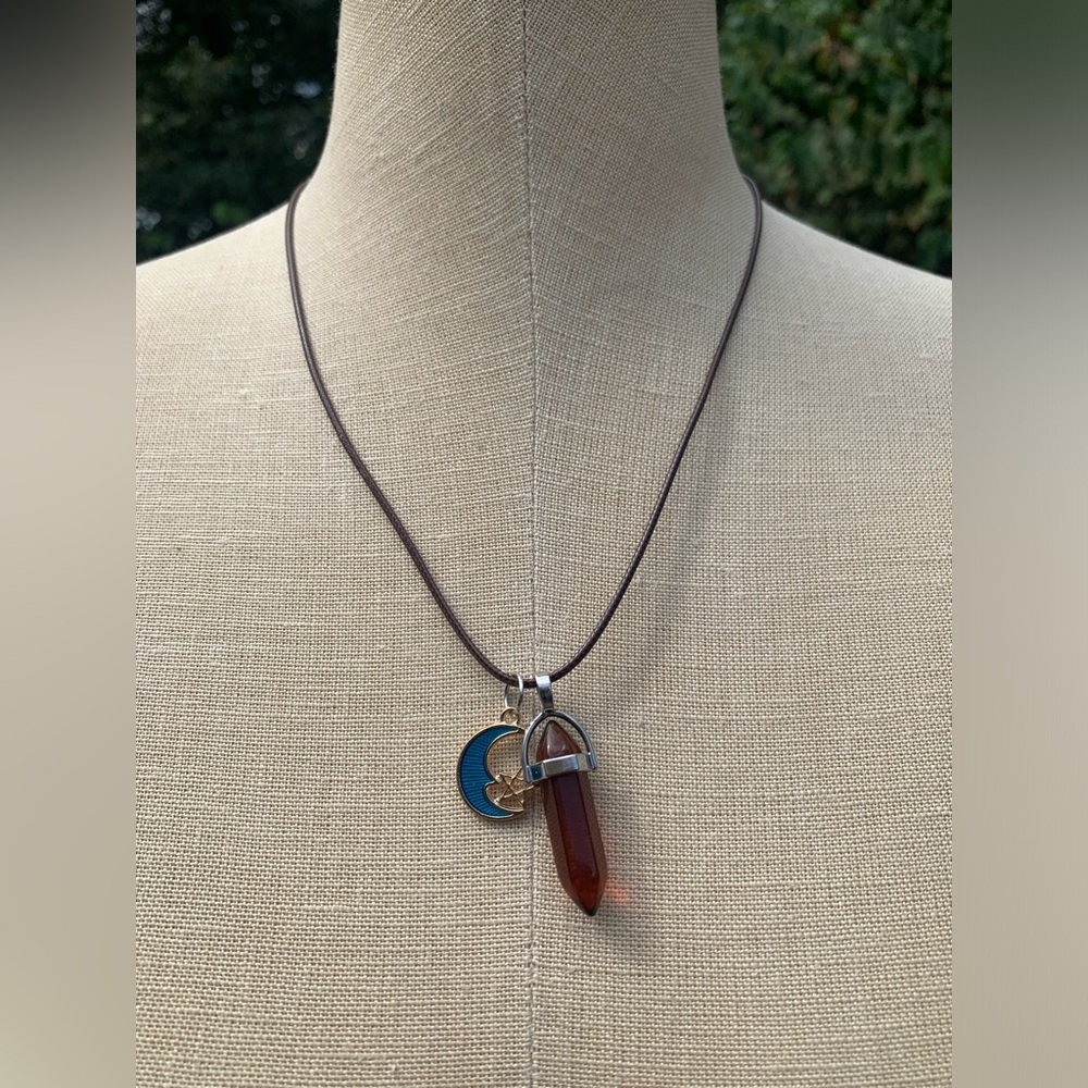 Handmade Amber Colored Resin Dagger Crystal Amulet Necklace with Moon Charm - Picture 4 of 5
